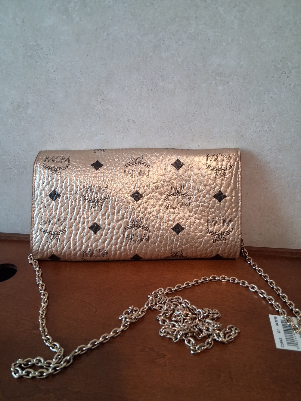 MCM Metallic Gold Logo Clutch with Chain Strap- LUXURY